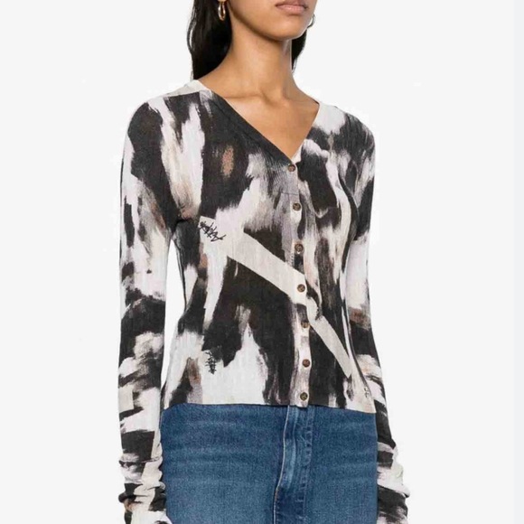 Simply Vera Wang Plum on Cream Abstract Cardigan Button Front V Neck Size M - Picture 3 of 10